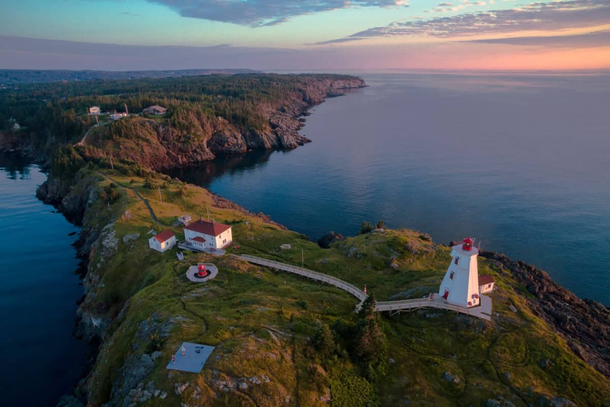 An aerial view of Swallowtail Lighthouse on Grand Manan Island, New Brunswick.