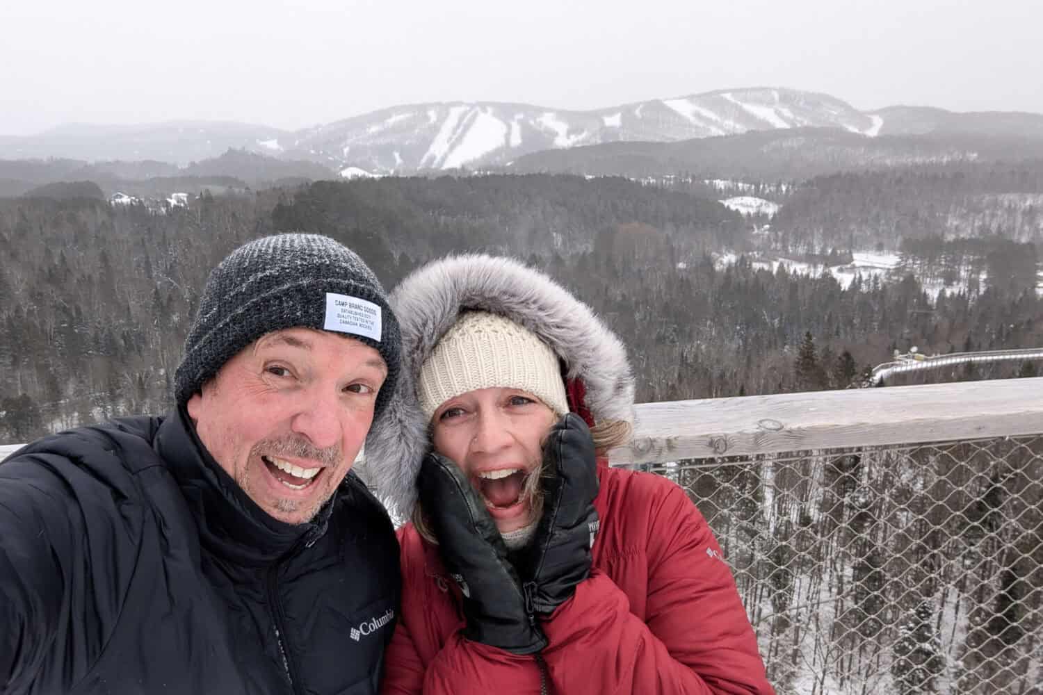 Pete and Dalene on top of A blizzard on Sentier des Cimes Laurentides